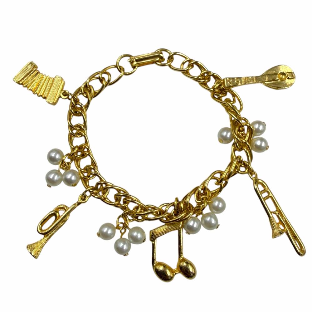VTG 60s 70s Gold Musical Instrument Charm Bracelet Faux Pearl Music Note 7.5”